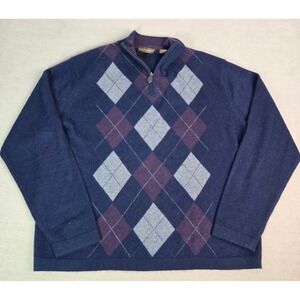 Paolo Mondo 100% Cashmere Argyle 1/4 Zip Sweater Mens XL Navy Purple‎ Grey